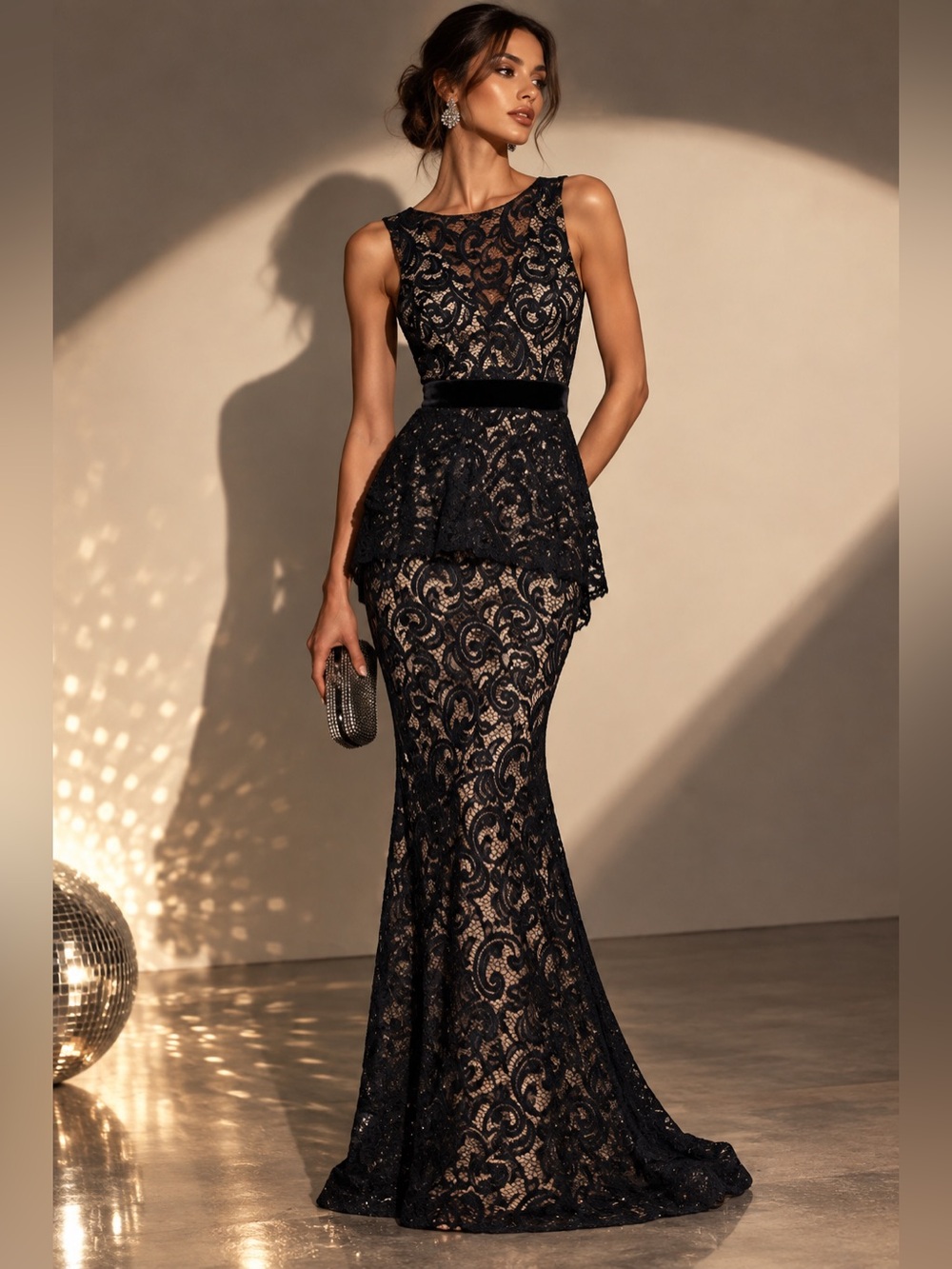 VENUS Black Nude Lace Peplum Maxi Gown Size 6 Mermaid Formal Evening Dress